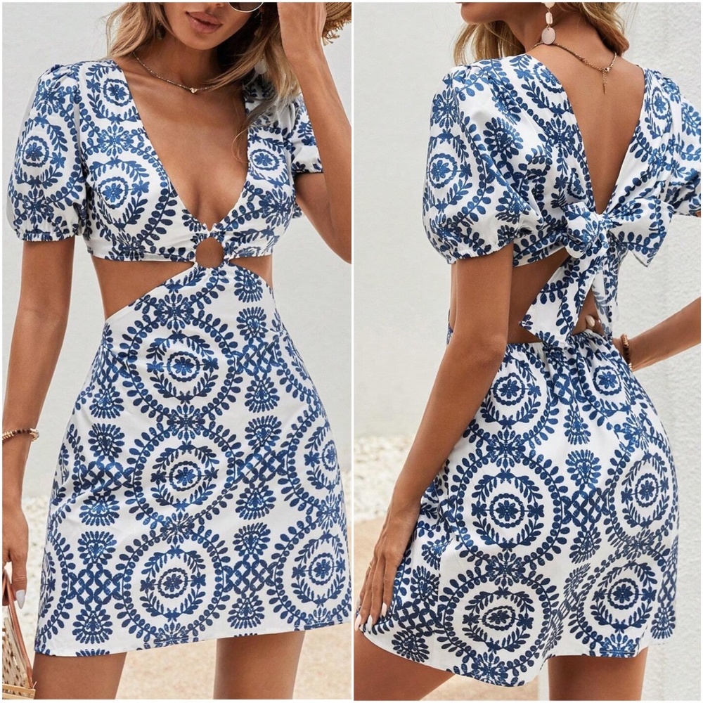Boho Floral Print Back Tie Cut out Mini Dress - Picture 3 of 6